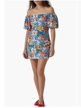 NWT ASTR The Label Blue Tropical Floral Off Shoulder Puff Sleeve Mini Dress XS